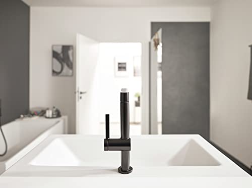Matte black single-hole kitchen faucet with tall spout and pull-out sprayer installed above white double sink.
