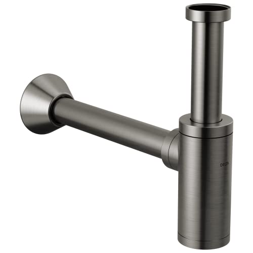 Brushed stainless steel bottle trap with wall-mounted flange and vertical cylindrical body for under-sink drain installation.