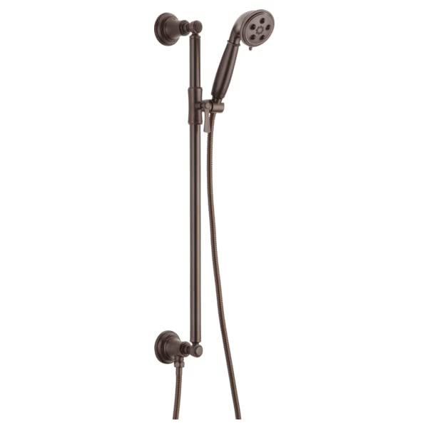 Bronze slide bar handshower with wall-mounted bracket and flexible hose connection.