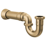 Luxe gold P-trap with flange featuring curved pipe sections and hexagonal connector nuts.