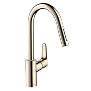 Polished nickel high arc kitchen faucet with pull-down spray head and single lever handle.
