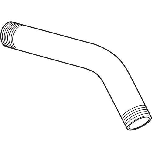 Polished nickel curved shower arm with threaded connections at both ends.