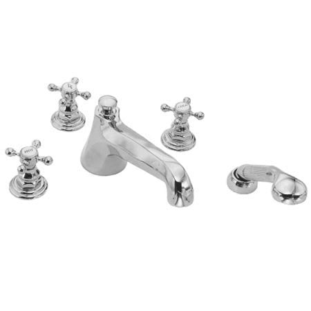 Satin nickel Roman tub faucet set with curved spout, four lever handles, and detached hand shower.