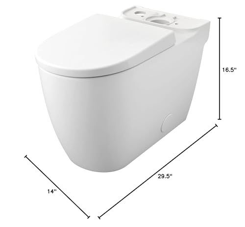 White elongated toilet bowl with seat, 16.5" height, 29.5" depth, 14" width.