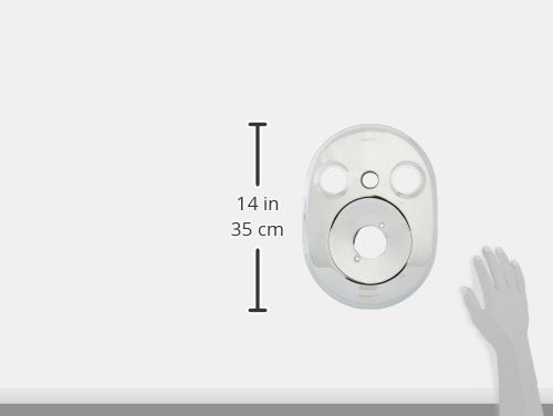 Chrome finish oval escutcheon plate with three upper holes and one centered lower hole, measuring 14 inches tall.
