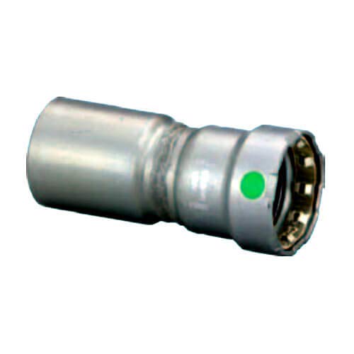 Viega MegaPress 2 press reducer fitting with larger diameter end on left, smaller end on right, green indicator dot visible o