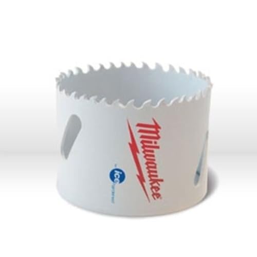 Milwaukee bi-metal hole saw with serrated cutting edge and mounting holes on white cylindrical body.