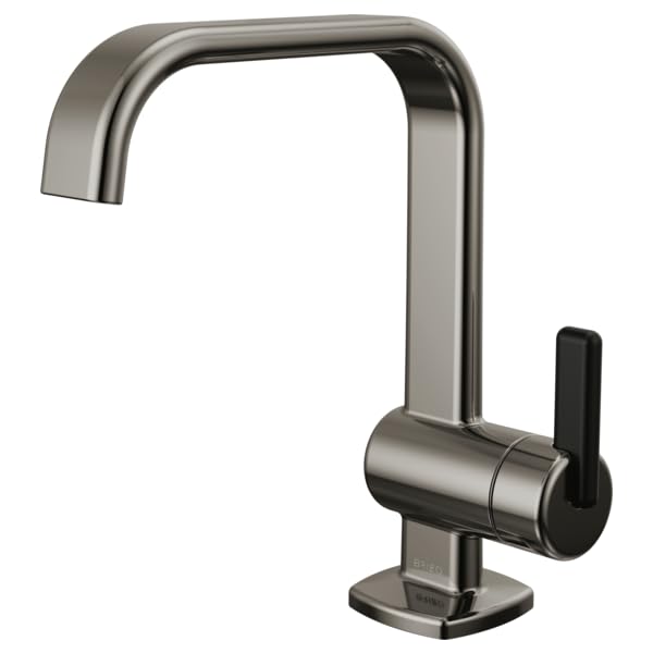 Chrome single-handle bathroom faucet with curved spout and black lever handle on square base.