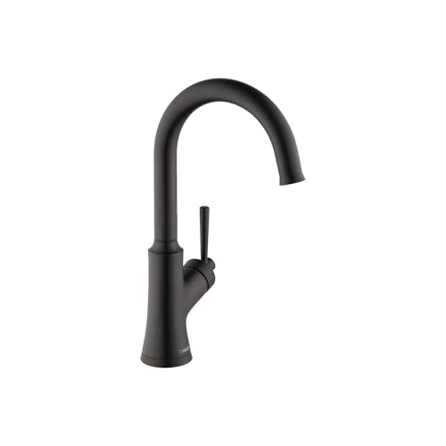Matte black bar faucet with curved spout and single lever handle on cylindrical base.