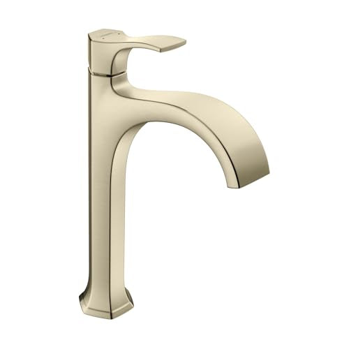Brushed nickel single-hole bathroom faucet with curved spout and lever handle.