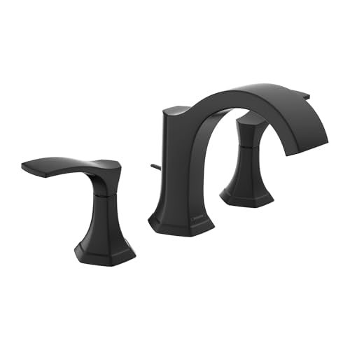 Matte black three-piece widespread faucet with curved spout and two lever handles on tapered bases.