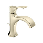 Brushed nickel single-hole bathroom faucet with curved spout and single lever handle.