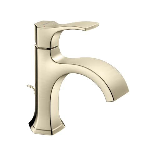 Brushed nickel single-hole bathroom faucet with curved spout and single lever handle.