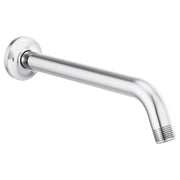 Chrome shower arm with circular wall flange, angled downward with threaded outlet end.