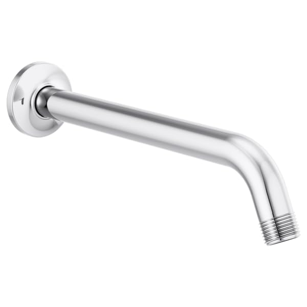 Chrome shower arm with circular wall flange, angled downward with threaded outlet end.
