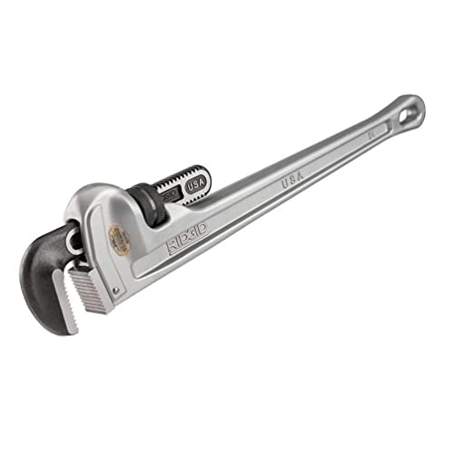 RIDGID 24 inch aluminum pipe wrench with adjustable jaw and black grip handle.