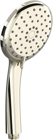 Polished nickel handheld showerhead with circular spray face and adjustable handle grip.