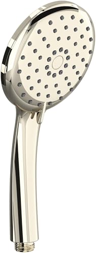 Polished nickel handheld showerhead with circular spray face and adjustable handle grip.