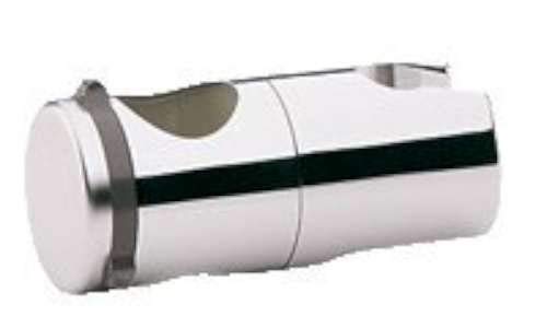 Chrome and matte chrome cylindrical shower head holder with black band and adjustable glide mechanism.