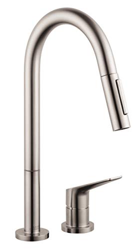Steel optic kitchen faucet with tall curved spout and pull-down spray head, single handle control on right.