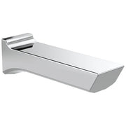 Chrome tub spout with curved rectangular basin and wall-mounted bracket attachment.