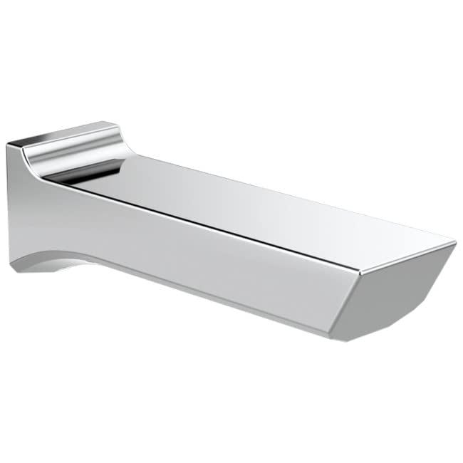 Chrome tub spout with curved rectangular basin and wall-mounted bracket attachment.