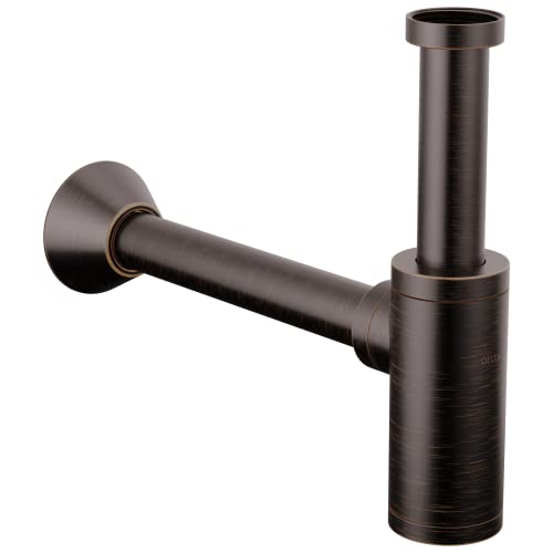 Oil-rubbed bronze P-trap bottle assembly with wall-mounted flange and vertical drain outlet.