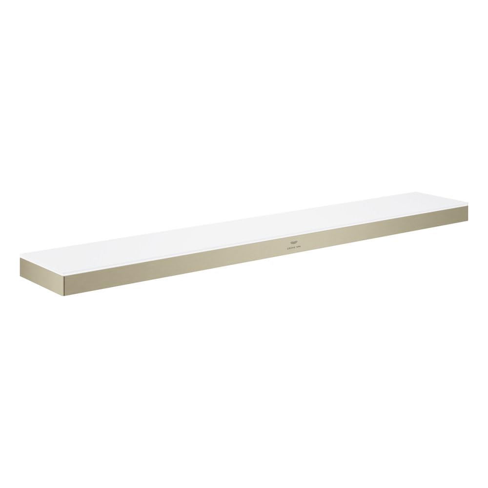 Rectangular wall shelf with white top surface and brushed nickel metal frame.