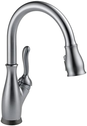 Chrome single-handle pull-down kitchen faucet with curved spout and lever handle.