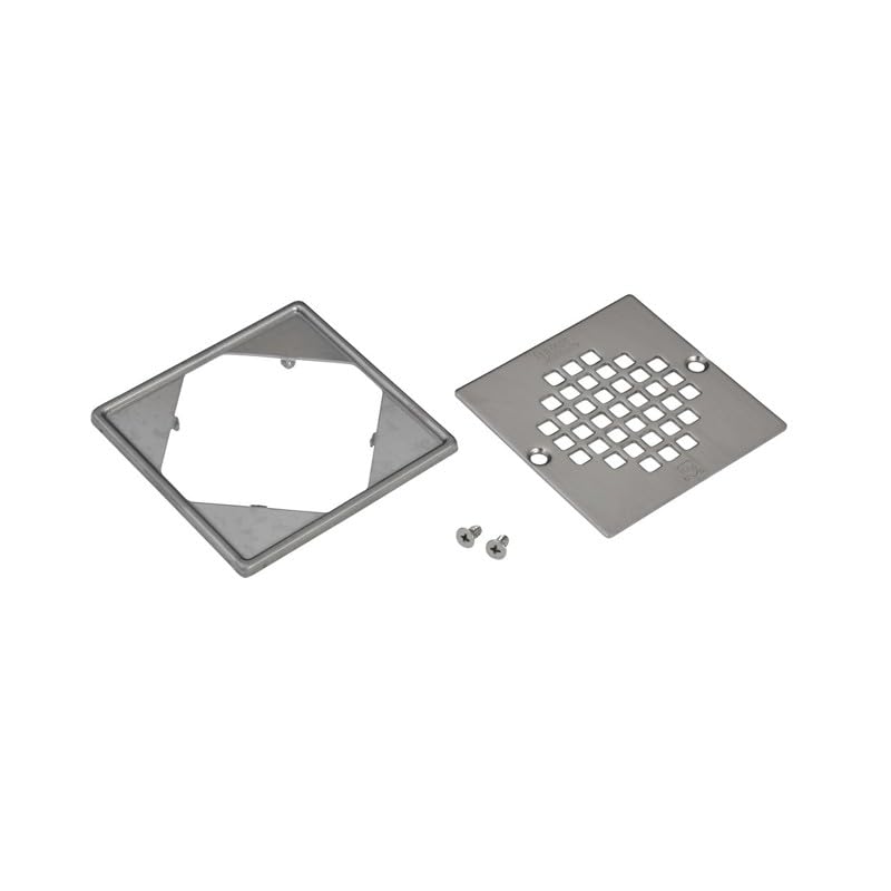 Square brushed nickel shower strainer with tile ring, strainer grate, and mounting screws.
