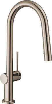 Polished nickel high-arc kitchen faucet with pull-down spray head and single lever handle.