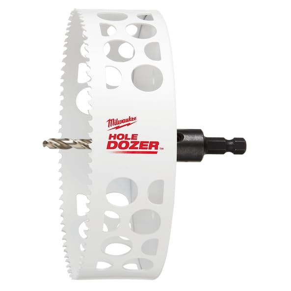 White Milwaukee HOLE DOZER bi-metal hole saw with serrated edge and black power drill adapter.