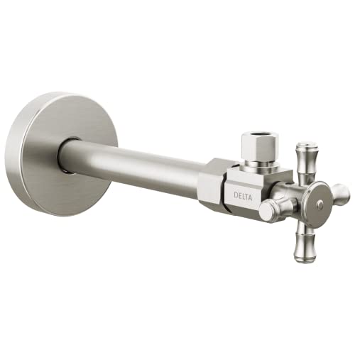 Brushed nickel angled supply stop valve with cross handle and wall-mounted escutcheon plate.