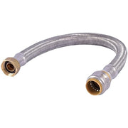 Braided stainless steel water heater connector with push-to-connect and female threaded brass fittings on each end.