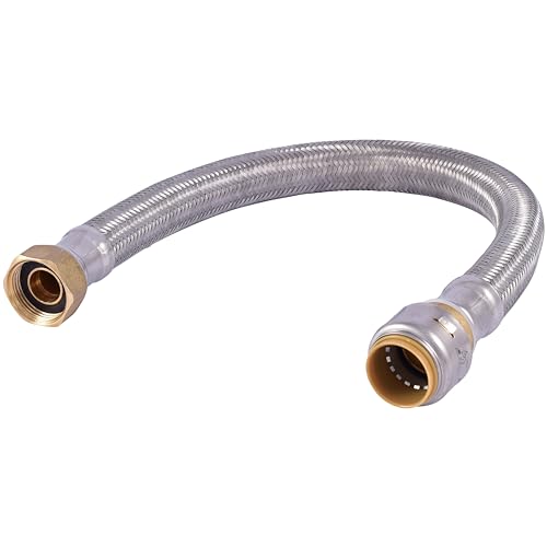 Braided stainless steel water heater connector with push-to-connect and female threaded brass fittings on each end.