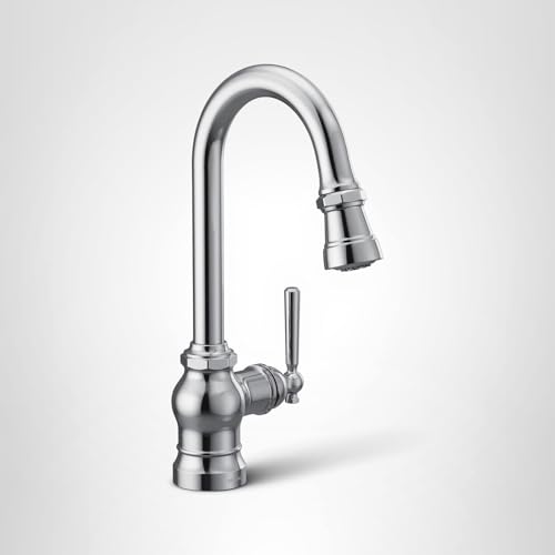 Chrome kitchen faucet with curved spout, pulldown spray head, and single lever handle.