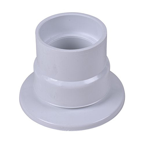White PVC shower drain fitting with cylindrical body and flanged base for installation.
