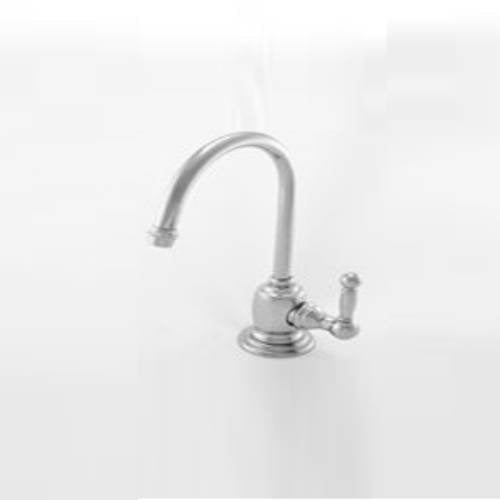 Antique nickel cold water dispenser with curved gooseneck spout and single lever handle on round base.