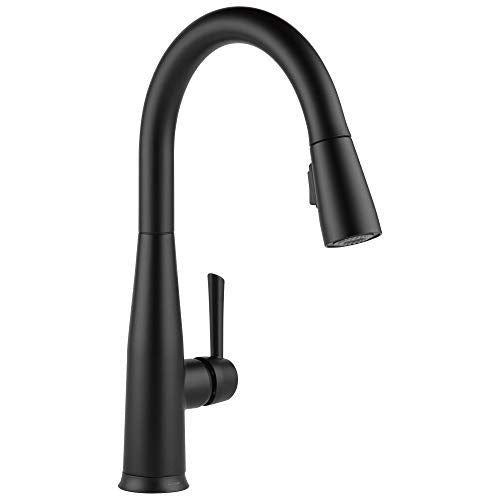 Black kitchen faucet with curved spout and pull-down spray head.