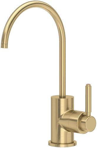 Antique gold hot water dispenser with curved gooseneck spout and single lever handle.