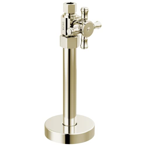 Polished brass straight supply stop valve with cross handle and round base, mounted on stand.