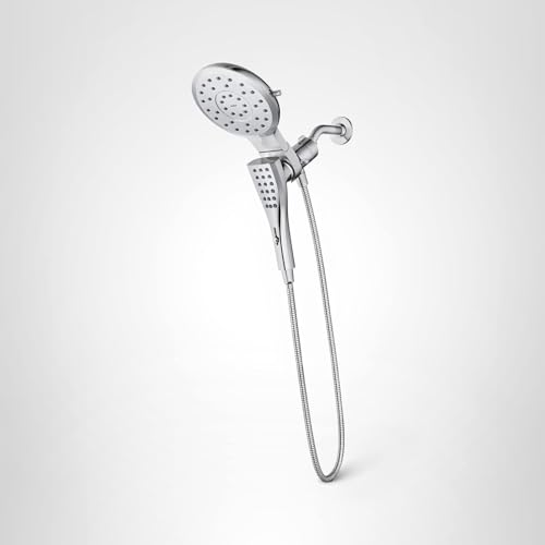 Chrome shower system with 7" overhead spray head and handheld showerhead connected by hose.