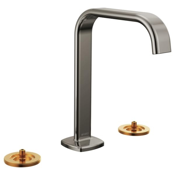 Brushed nickel widespread lavatory faucet with square spout and two brass handle ports.