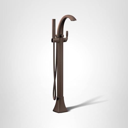 Oil rubbed bronze freestanding tub filler with curved spout, single handle, and attached handshower on hose.