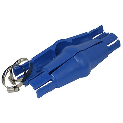 Blue torque arrestor with metal hose clamp attached to one end and two clawed feet extending outward.