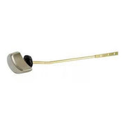 Brushed nickel trip lever handle assembly with brass rod and black handle knob for toilet tank.