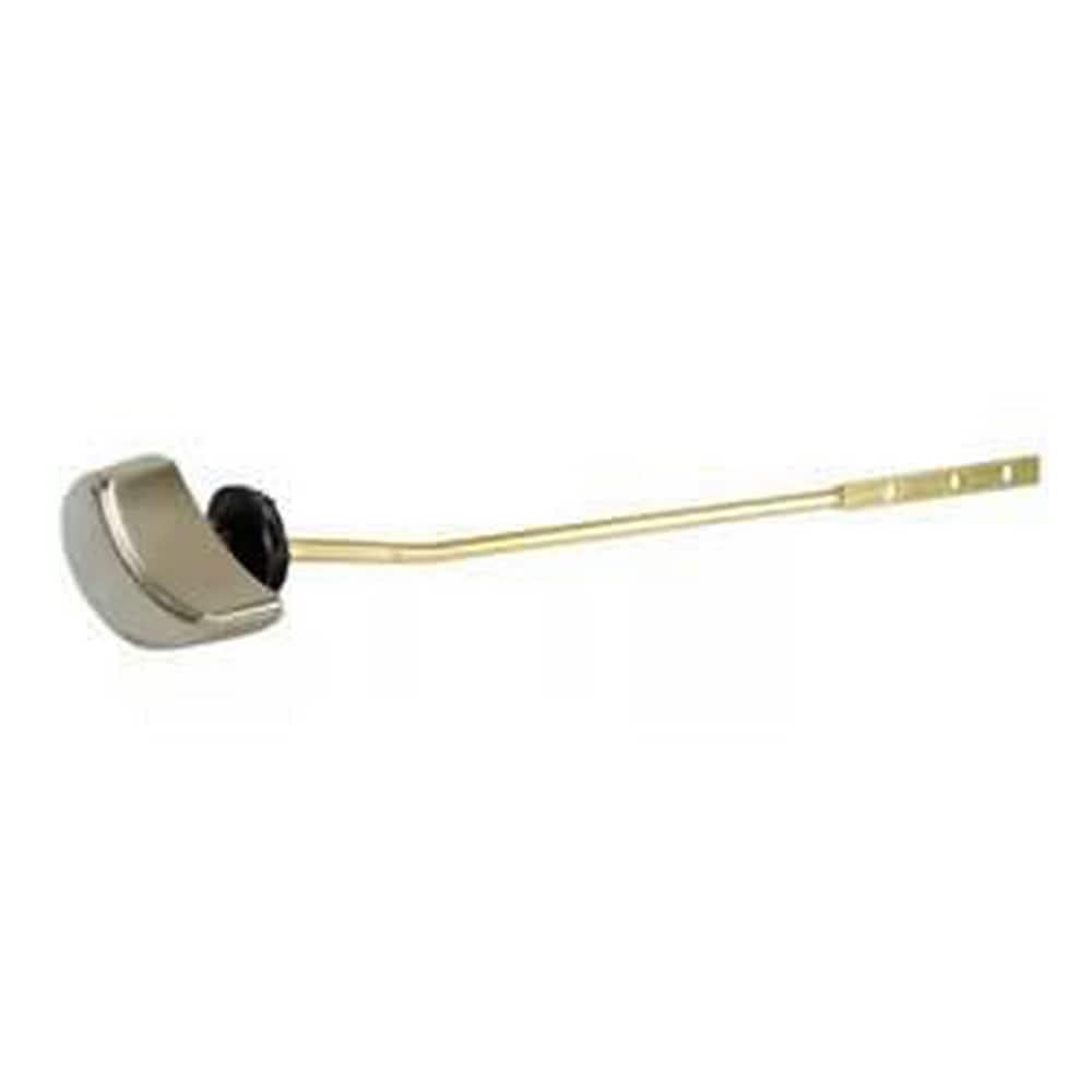Brushed nickel trip lever handle assembly with brass rod and black handle knob for toilet tank.