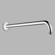 Chrome shower arm with round wall flange, 16 inches long, with curved end connection.