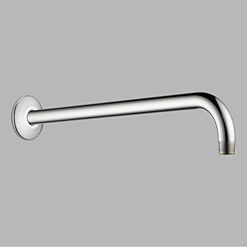 Chrome shower arm with round wall flange, 16 inches long, with curved end connection.