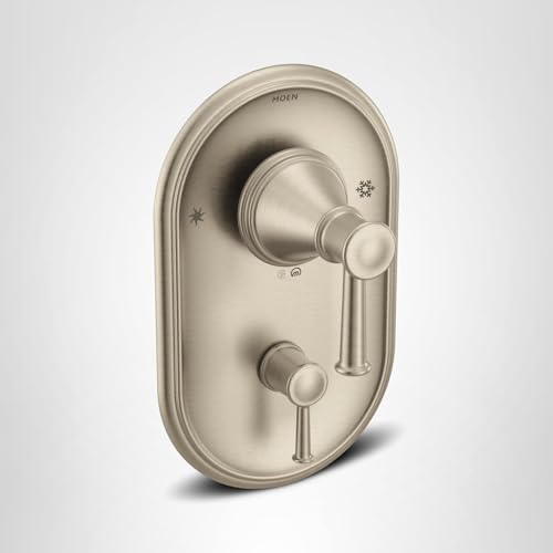 Brushed nickel shower valve trim with rounded rectangular escutcheon, upper lever handle, lower diverter knob, and function i